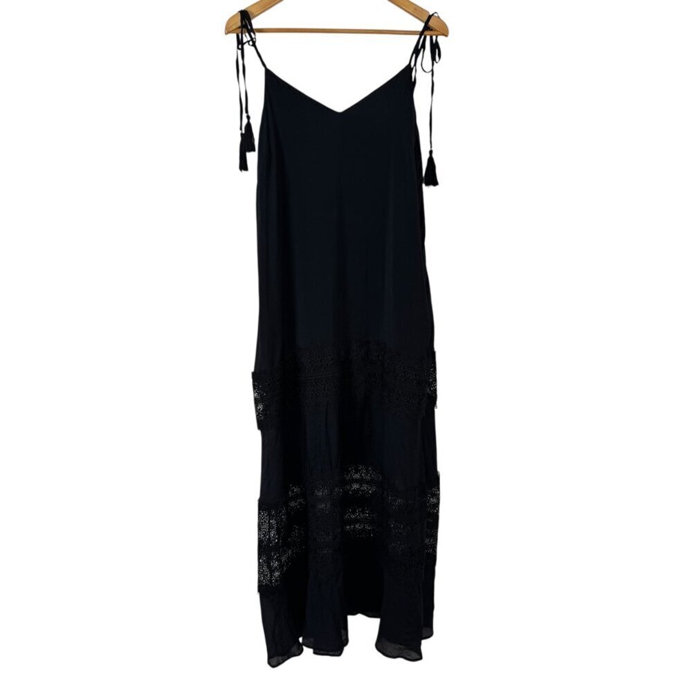 Elan Black Lace Tiered Maxi Dress Large Tie Spaghetti Straps Tassel Flowy Boho